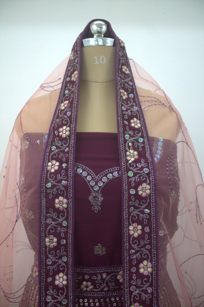 “Plum Velvet Bridal Lehenga with Sequin & Floral Embroidery Work” Product code-1260