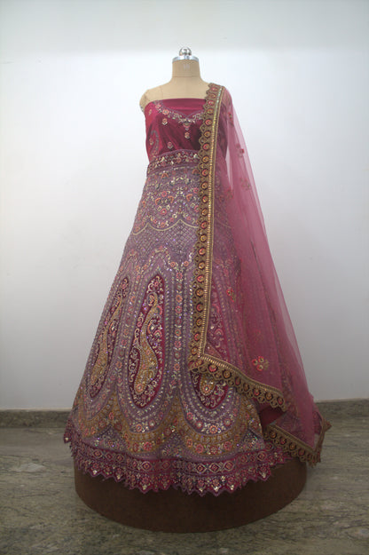 “Rose Pink Velvet Bridal Lehenga with Paisley Motifs & Heavy Zari Embroidery” Product code-1095