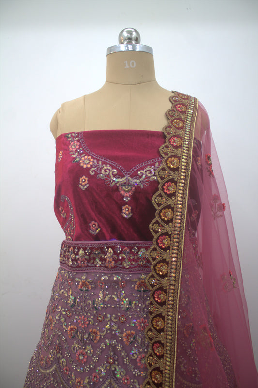 “Rose Pink Velvet Bridal Lehenga with Paisley Motifs & Heavy Zari Embroidery” Product code-1095