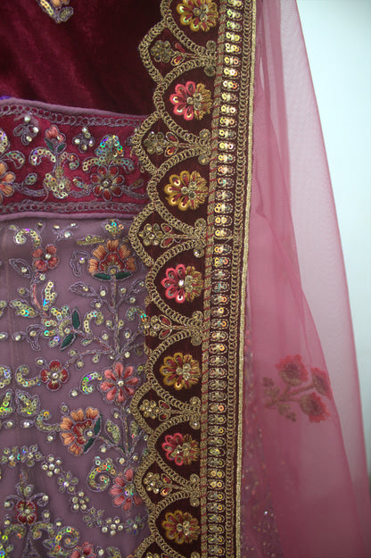 “Rose Pink Velvet Bridal Lehenga with Paisley Motifs & Heavy Zari Embroidery” Product code-1095