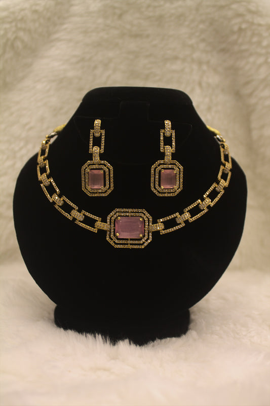 “Royal Pink CZ Stone Gold-Plated Necklace & Earrings Set” Product code-6313