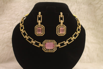 “Royal Pink CZ Stone Gold-Plated Necklace & Earrings Set” Product code-6313