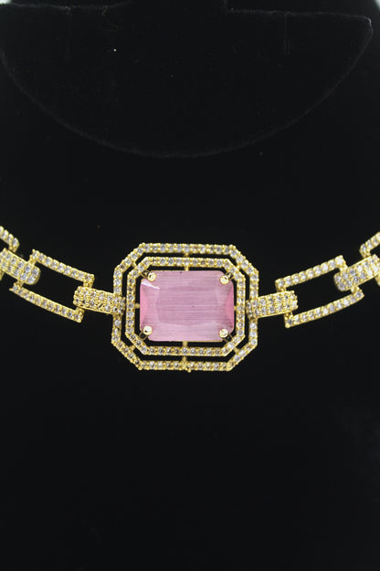“Royal Pink CZ Stone Gold-Plated Necklace & Earrings Set” Product code-6313