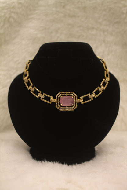 “Royal Pink CZ Stone Gold-Plated Necklace & Earrings Set” Product code-6313