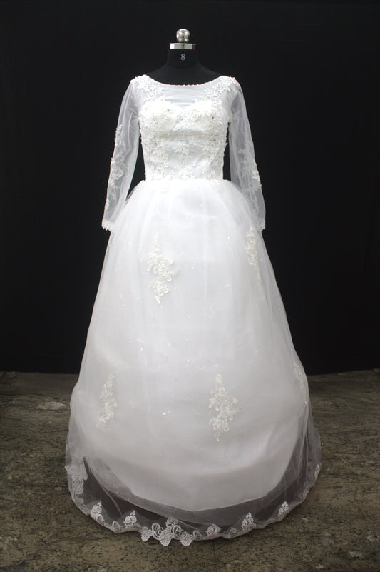 “Celeste Elegant Long Sleeve Ball Gown Wedding Dress with Lace Appliqués & Illusion Neckline-White Gown” Product code-2099