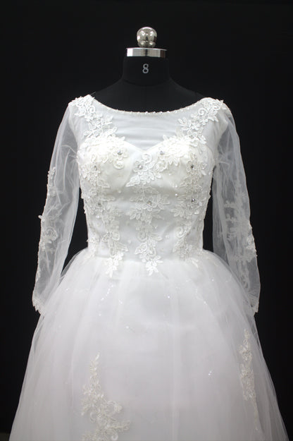 “Celeste Elegant Long Sleeve Ball Gown Wedding Dress with Lace Appliqués & Illusion Neckline-White Gown” Product code-2099