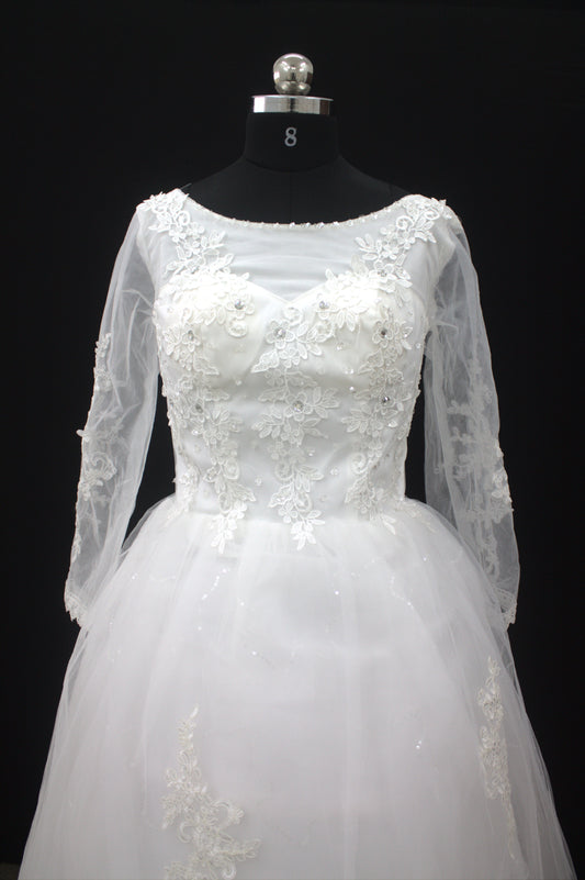 “Celeste Elegant Long Sleeve Ball Gown Wedding Dress with Lace Appliqués & Illusion Neckline-White Gown” Product code-2099