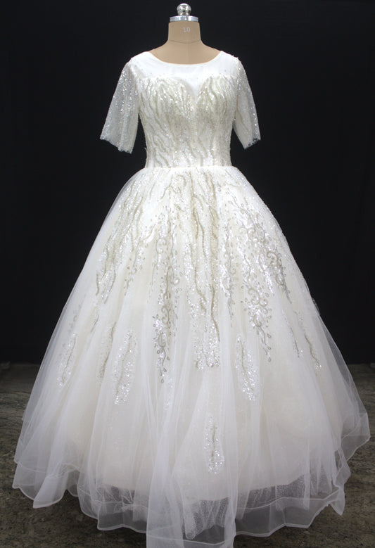 "White Beaded Tulle Ball Gown Wedding Dress with Short Illusion Sleeves & Sequin Detail-White Gown" Product code-2015