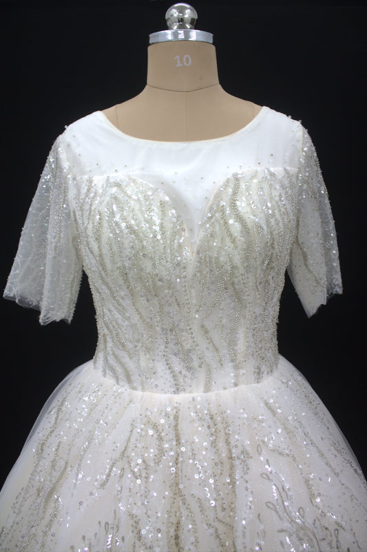 "White Beaded Tulle Ball Gown Wedding Dress with Short Illusion Sleeves & Sequin Detail-White Gown" Product code-2015