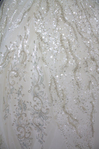"White Beaded Tulle Ball Gown Wedding Dress with Short Illusion Sleeves & Sequin Detail-White Gown" Product code-2015
