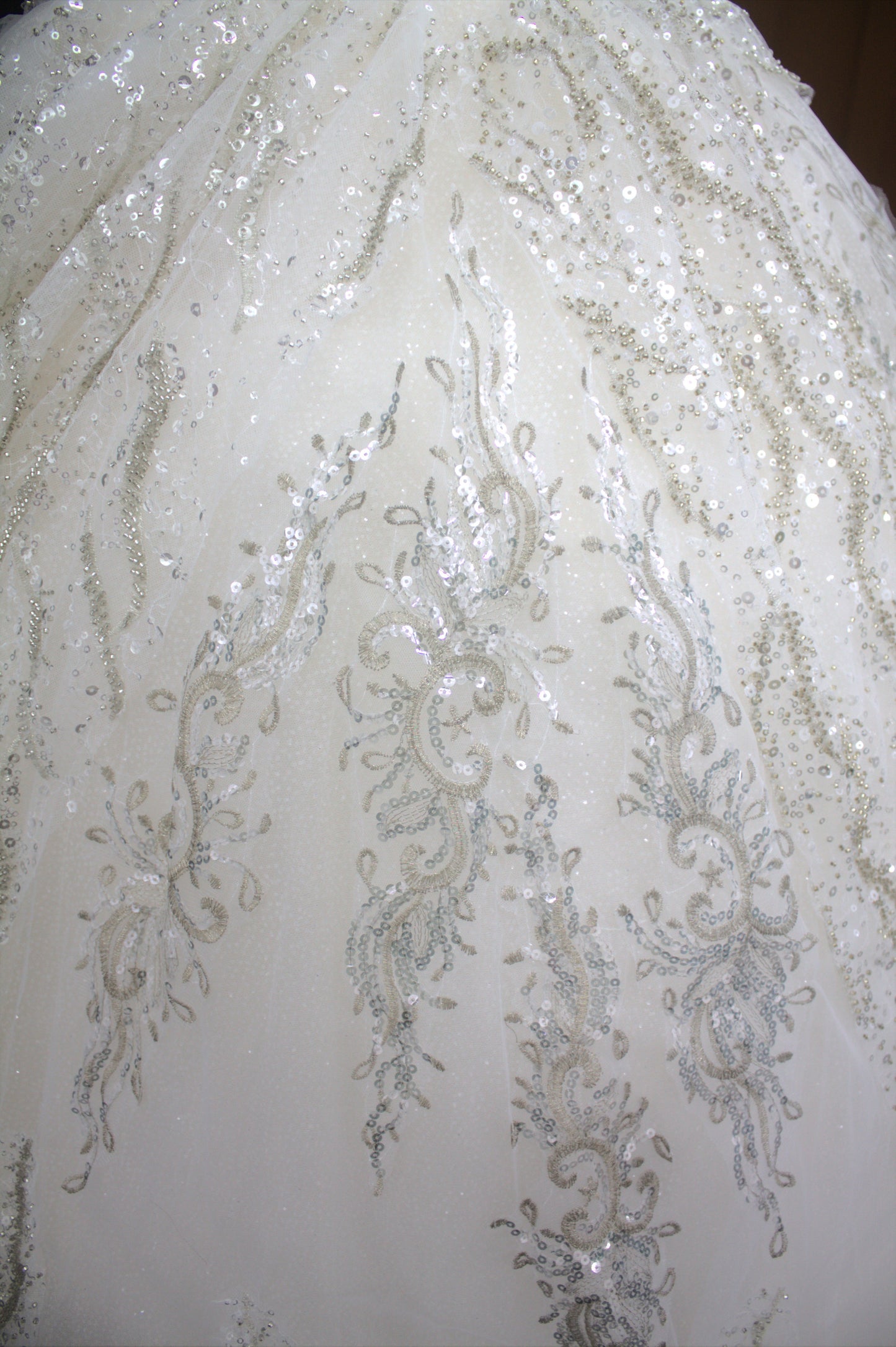 "White Beaded Tulle Ball Gown Wedding Dress with Short Illusion Sleeves & Sequin Detail-White Gown" Product code-2015