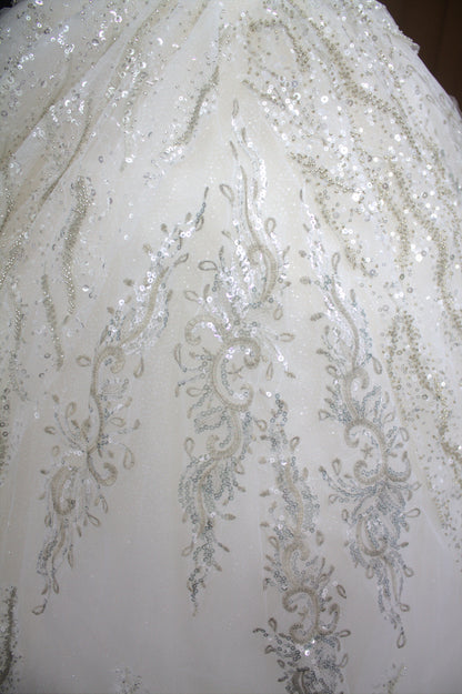 "White Beaded Tulle Ball Gown Wedding Dress with Short Illusion Sleeves & Sequin Detail-White Gown" Product code-2015