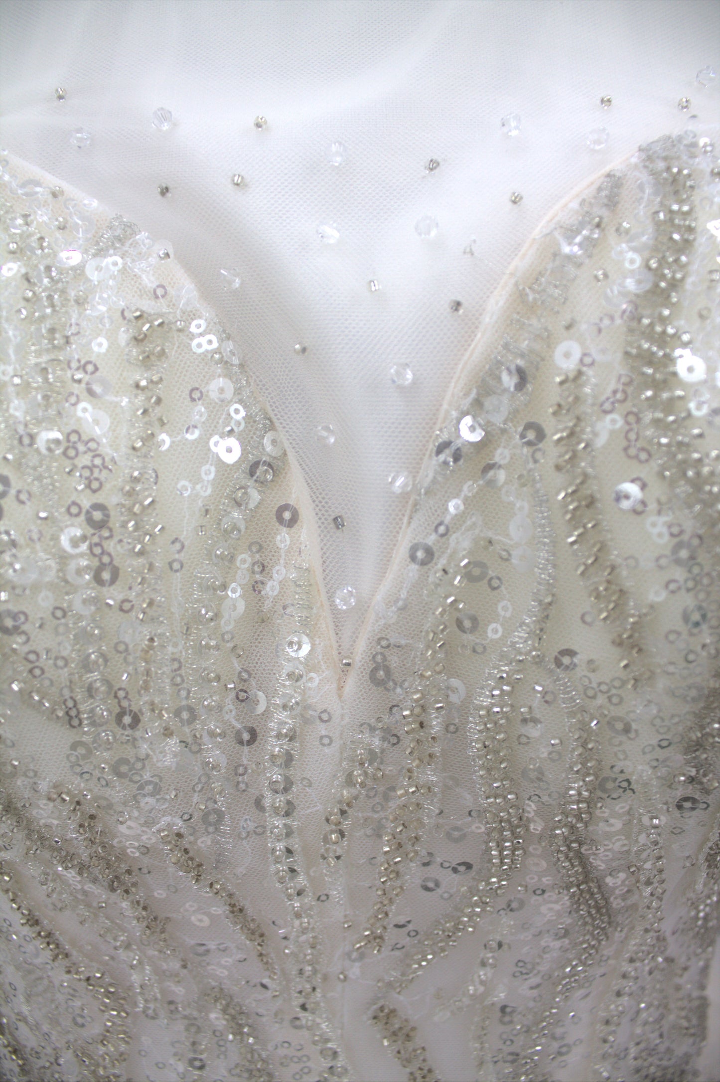 "White Beaded Tulle Ball Gown Wedding Dress with Short Illusion Sleeves & Sequin Detail-White Gown" Product code-2015
