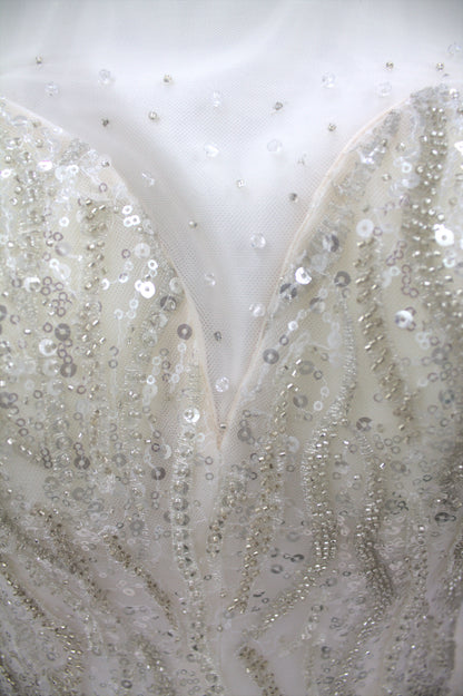 "White Beaded Tulle Ball Gown Wedding Dress with Short Illusion Sleeves & Sequin Detail-White Gown" Product code-2015