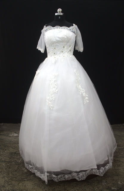 "White Beaded Tulle Ball Gown Wedding Dress with Sheer Lace Short Sleeves & Satin Waist Detail-White Gown" Product code-2019