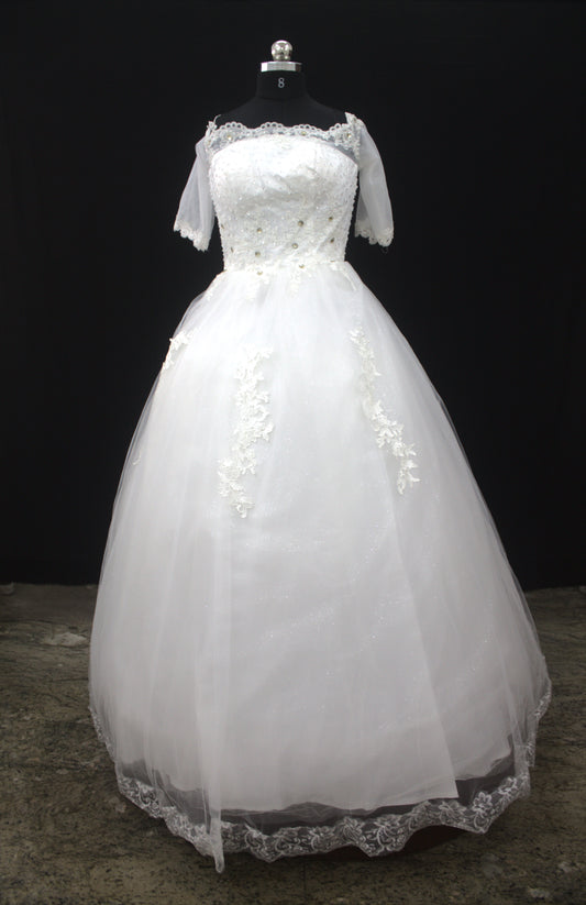 "White Beaded Tulle Ball Gown Wedding Dress with Sheer Lace Short Sleeves & Satin Waist Detail-White Gown" Product code-2019