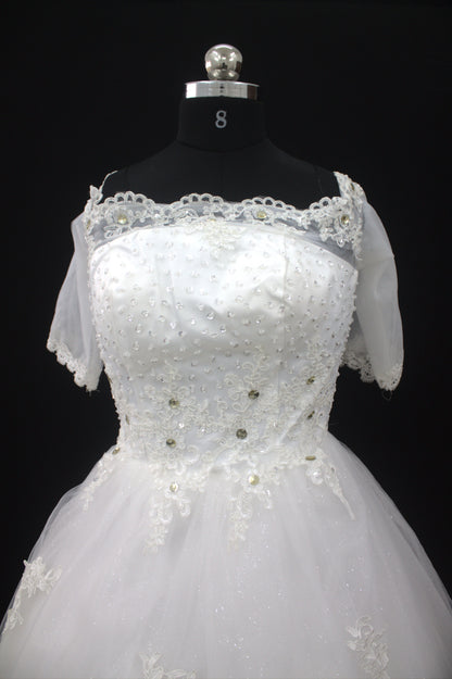 "White Beaded Tulle Ball Gown Wedding Dress with Sheer Lace Short Sleeves & Satin Waist Detail-White Gown" Product code-2019