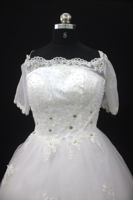 "White Beaded Tulle Ball Gown Wedding Dress with Sheer Lace Short Sleeves & Satin Waist Detail-White Gown" Product code-2019