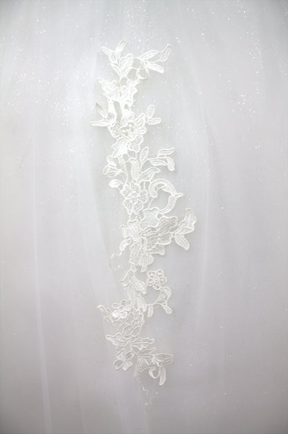 "White Beaded Tulle Ball Gown Wedding Dress with Sheer Lace Short Sleeves & Satin Waist Detail-White Gown" Product code-2019