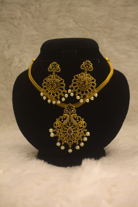“Traditional Gold-Plated Bridal Necklace Set with Pearls & Earrings” Product code-6012