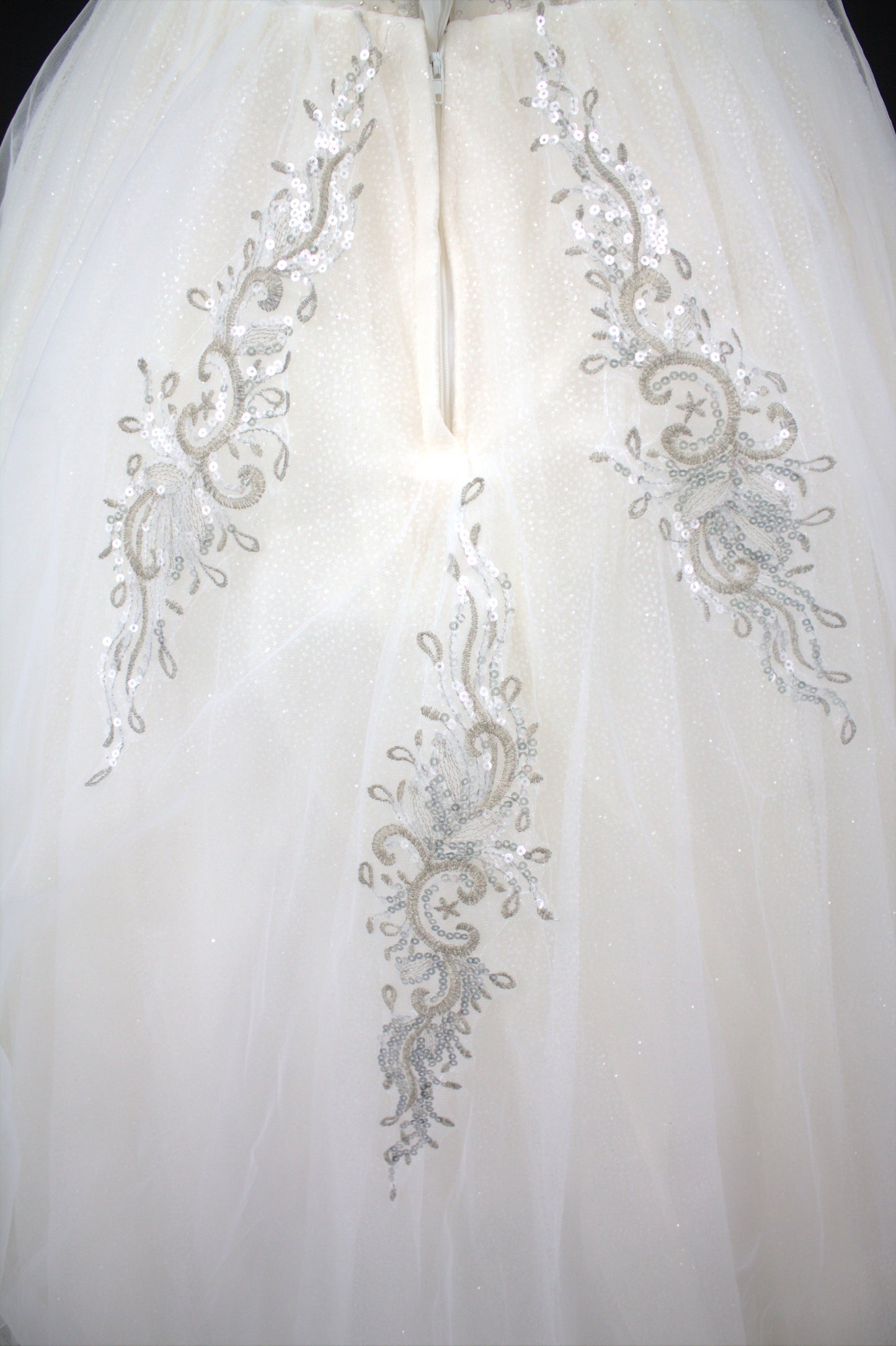 "White Beaded Tulle Ball Gown Wedding Dress with Short Illusion Sleeves & Sequin Detail-White Gown" Product code-2015
