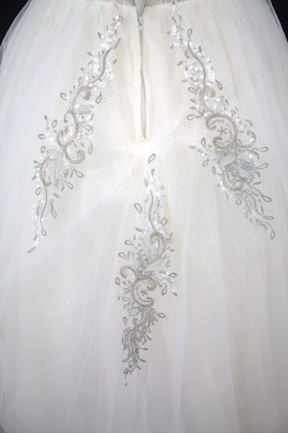 "White Beaded Tulle Ball Gown Wedding Dress with Short Illusion Sleeves & Sequin Detail-White Gown" Product code-2015