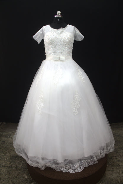 "White Beaded Tulle Ball Gown Wedding Dress with Sheer Sleeves & Lace Appliqués-White Gowns" Product code-2003