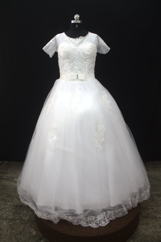 "White Beaded Tulle Ball Gown Wedding Dress with Sheer Sleeves & Lace Appliqués-White Gowns" Product code-2003