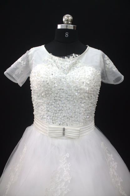 "White Beaded Tulle Ball Gown Wedding Dress with Sheer Sleeves & Lace Appliqués-White Gowns" Product code-2003