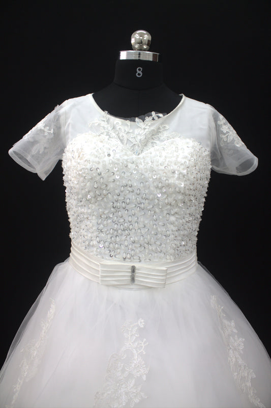 "White Beaded Tulle Ball Gown Wedding Dress with Sheer Sleeves & Lace Appliqués-White Gowns" Product code-2003