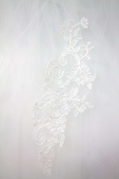 "White Beaded Tulle Ball Gown Wedding Dress with Sheer Sleeves & Lace Appliqués-White Gowns" Product code-2003
