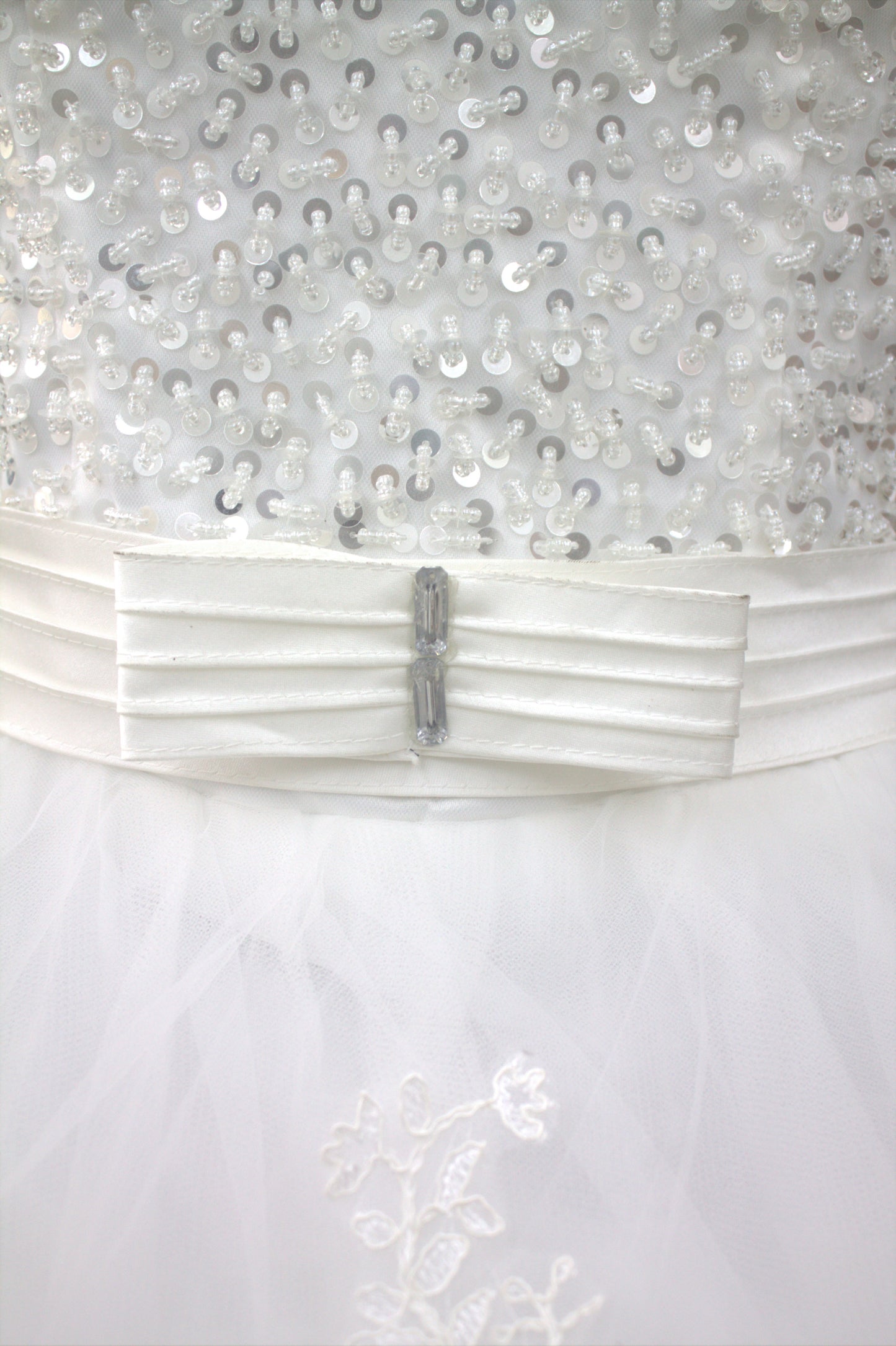 "White Beaded Tulle Ball Gown Wedding Dress with Sheer Sleeves & Lace Appliqués-White Gowns" Product code-2003