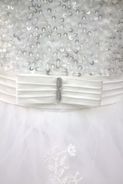 "White Beaded Tulle Ball Gown Wedding Dress with Sheer Sleeves & Lace Appliqués-White Gowns" Product code-2003