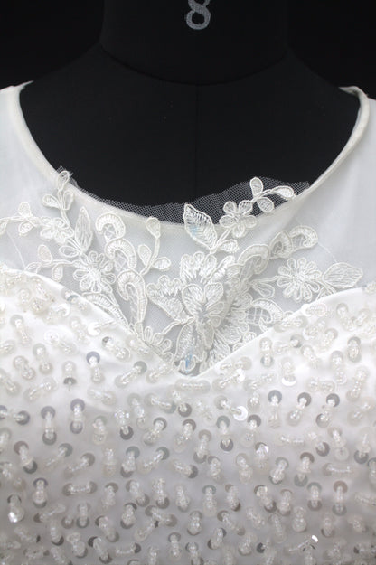 "White Beaded Tulle Ball Gown Wedding Dress with Sheer Sleeves & Lace Appliqués-White Gowns" Product code-2003