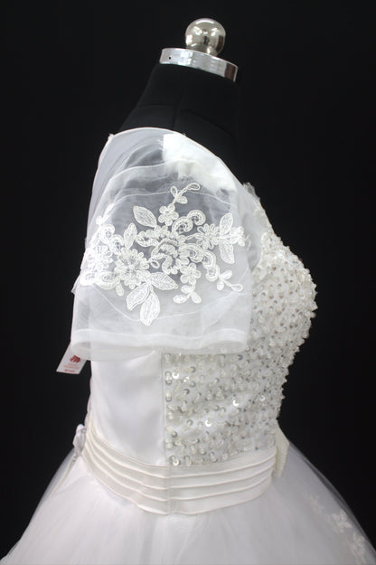 "White Beaded Tulle Ball Gown Wedding Dress with Sheer Sleeves & Lace Appliqués-White Gowns" Product code-2003