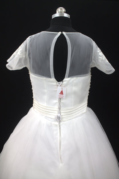 "White Beaded Tulle Ball Gown Wedding Dress with Sheer Sleeves & Lace Appliqués-White Gowns" Product code-2003