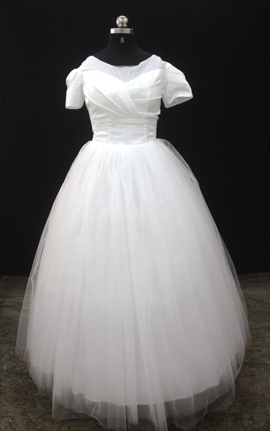 "Classic White Tulle Ball Gown Wedding Dress with Structured Bodice, Satin Waistband & Short Puff Sleeves-White Gown" Product code-2095