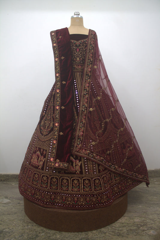 “Deep Maroon Velvet Bridal Lehenga with Zardozi Embroidery & Heritage Motifs” Product code-1307