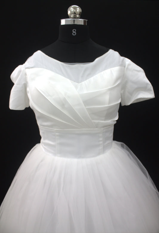 "Classic White Tulle Ball Gown Wedding Dress with Structured Bodice, Satin Waistband & Short Puff Sleeves-White Gown" Product code-2095