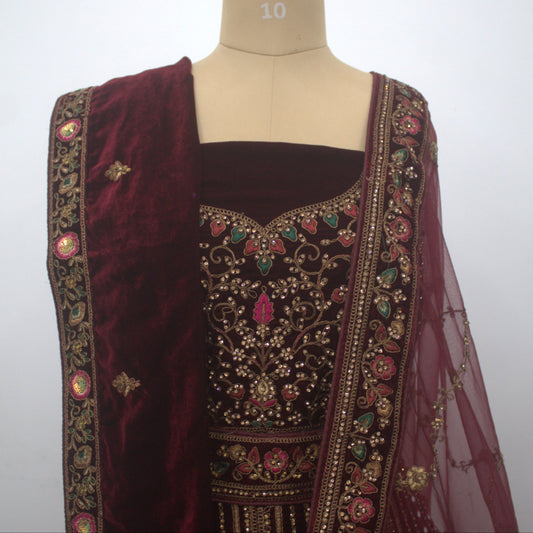 “Deep Maroon Velvet Bridal Lehenga with Zardozi Embroidery & Heritage Motifs” Product code-1307
