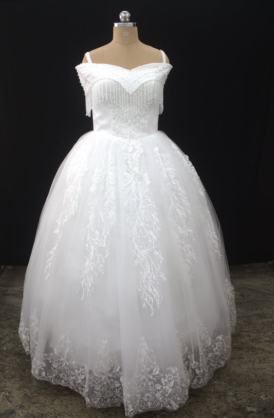 "Celestial Elegance Off-Shoulder Ball Gown with Beaded Fringe White Gown" Product code-2089