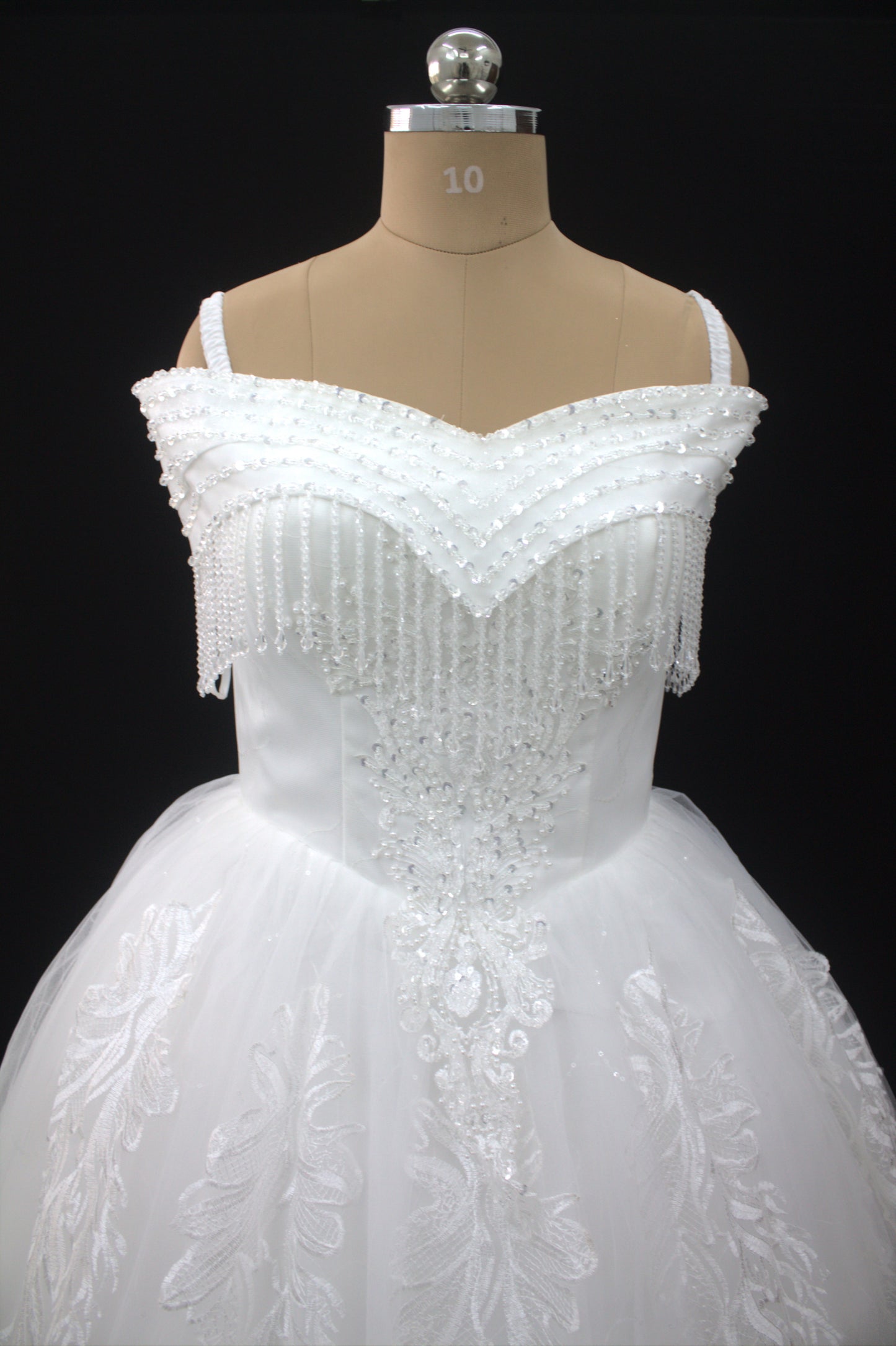 "Celestial Elegance Off-Shoulder Ball Gown with Beaded Fringe White Gown" Product code-2089