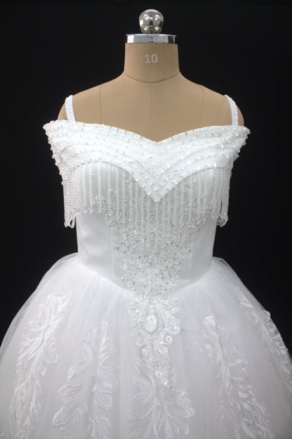 "Celestial Elegance Off-Shoulder Ball Gown with Beaded Fringe White Gown" Product code-2089