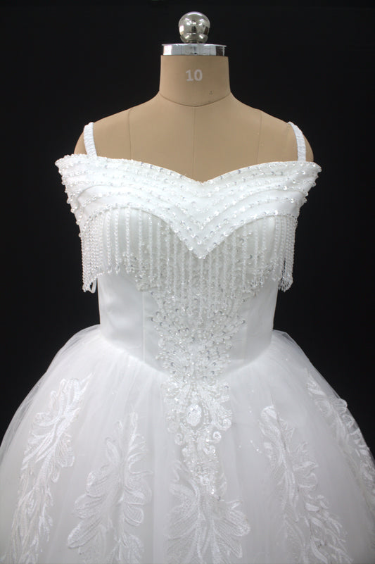 "Celestial Elegance Off-Shoulder Ball Gown with Beaded Fringe White Gown" Product code-2089