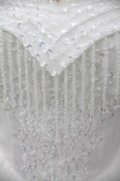 "Celestial Elegance Off-Shoulder Ball Gown with Beaded Fringe White Gown" Product code-2089