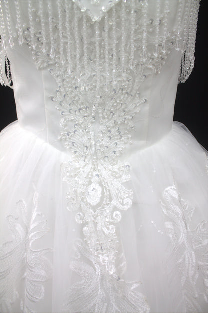 "Celestial Elegance Off-Shoulder Ball Gown with Beaded Fringe White Gown" Product code-2089