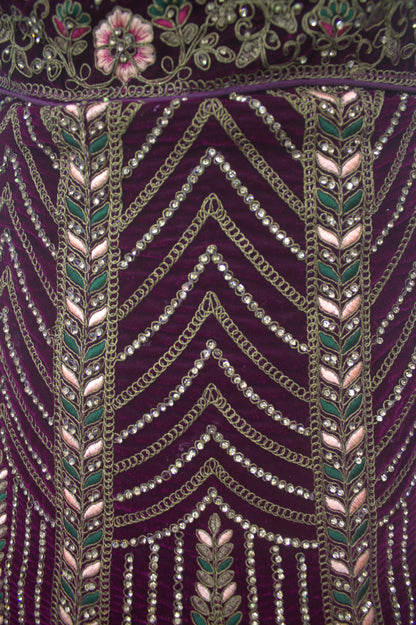 “Plum Velvet Bridal Lehenga with Intricate Floral Embroidery & Net Dupatta” Product code-1310
