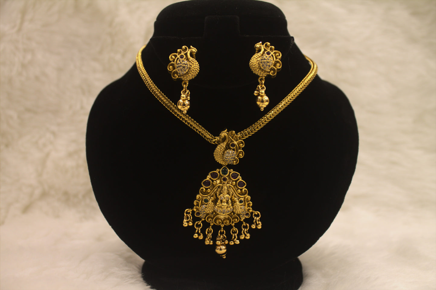 "Antique Lakshmi Temple Necklace Set with Peacock Motifs" Product code-6315