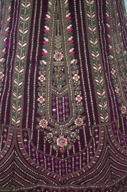 “Plum Velvet Bridal Lehenga with Intricate Floral Embroidery & Net Dupatta” Product code-1310