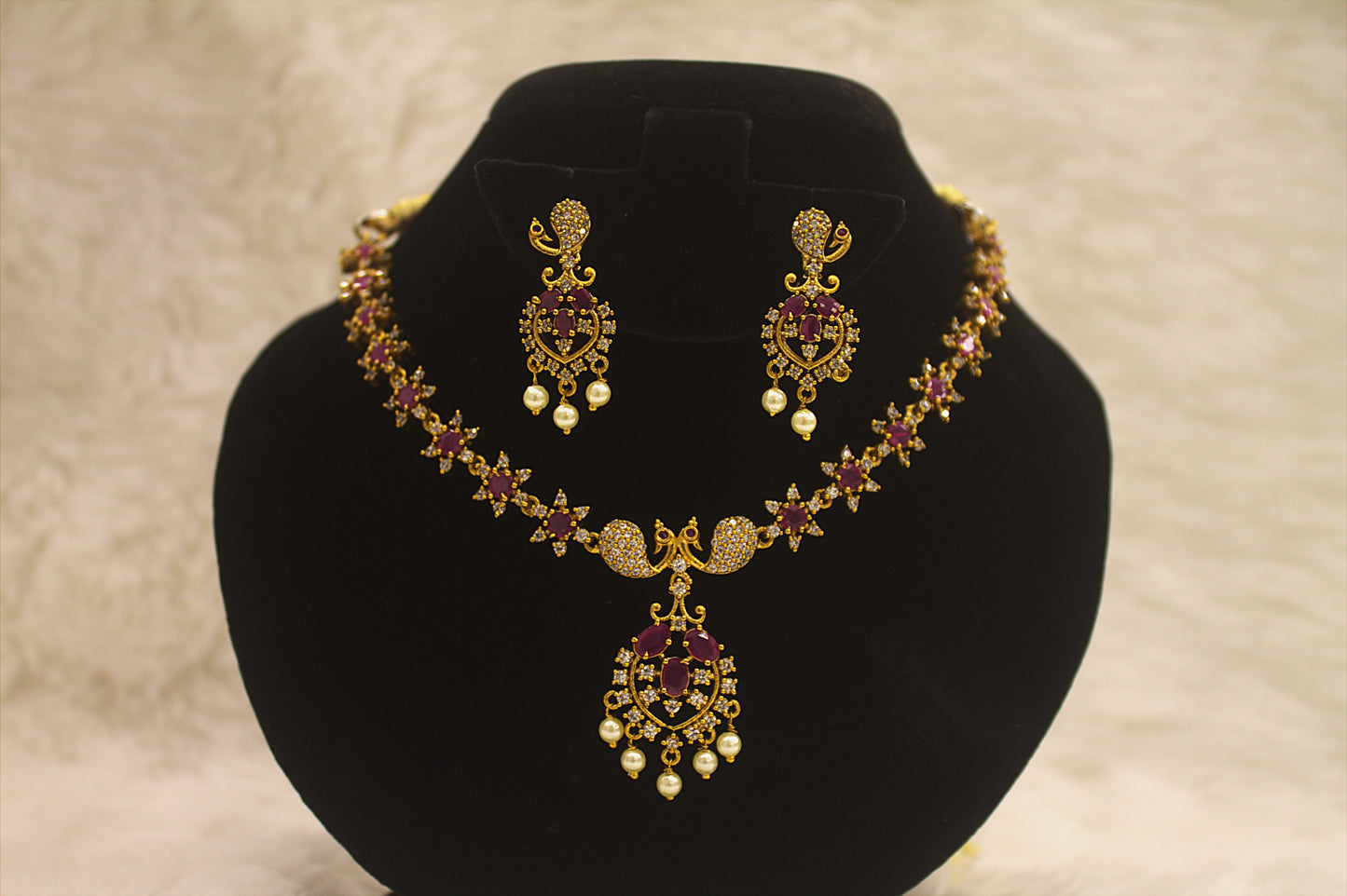 "Gold-Plated Ruby & Pearl Necklace Set for Weddings" Product code-6011